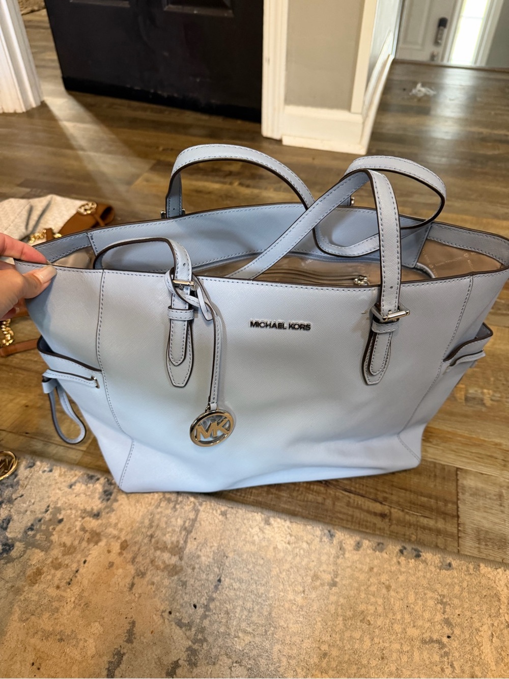 Michael Kors Pale Blue Leather Tote with MK Charm